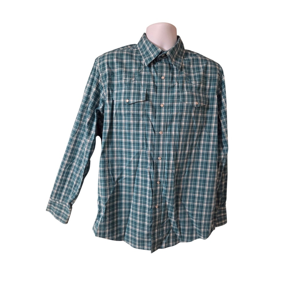 Wrangler Men's Western Pearl-Snap Long Sleeve‎ Teal White Plaid Top Stretch L